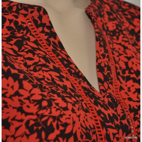Michael Kors Split Neck Blouse Shirt Top Tunic Coral Reef Red/Black S Nwt $99 - Picture 6 of 10